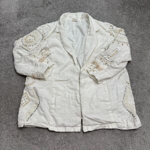 Chico's Linen Beaded Sequin Embellished Blazer Jacket Women 16 White Embroidered